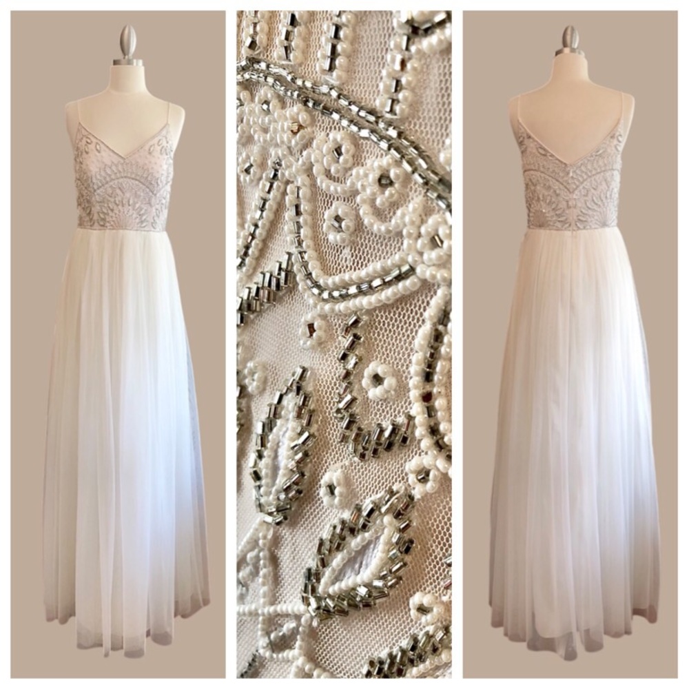 Adrianna Papell white nude embellished dress gown sleeveless strappy vneck